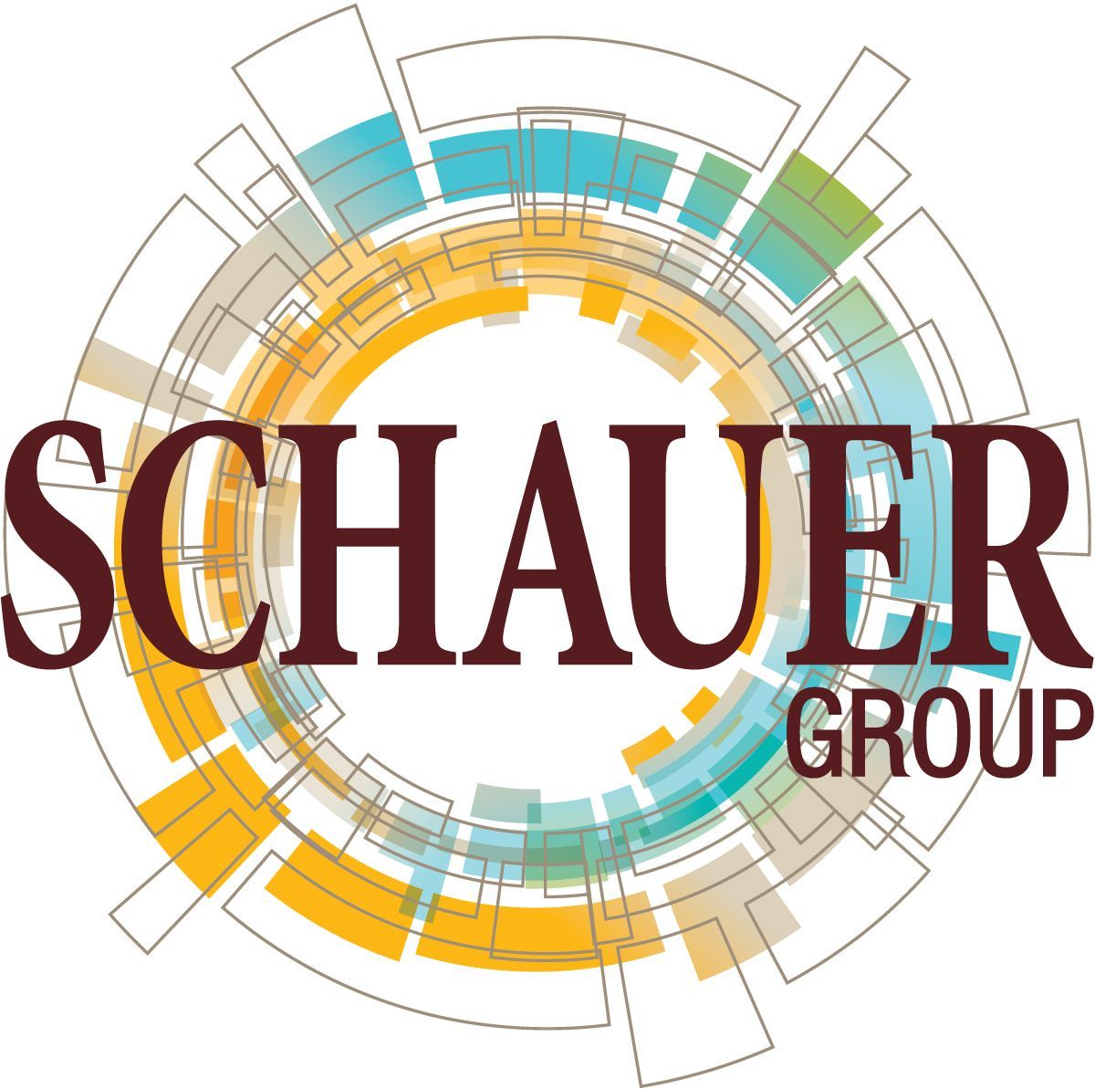 Logo for Schauer Group. Text in dark red overlaid on a circular design of colorful overlapping shapes.