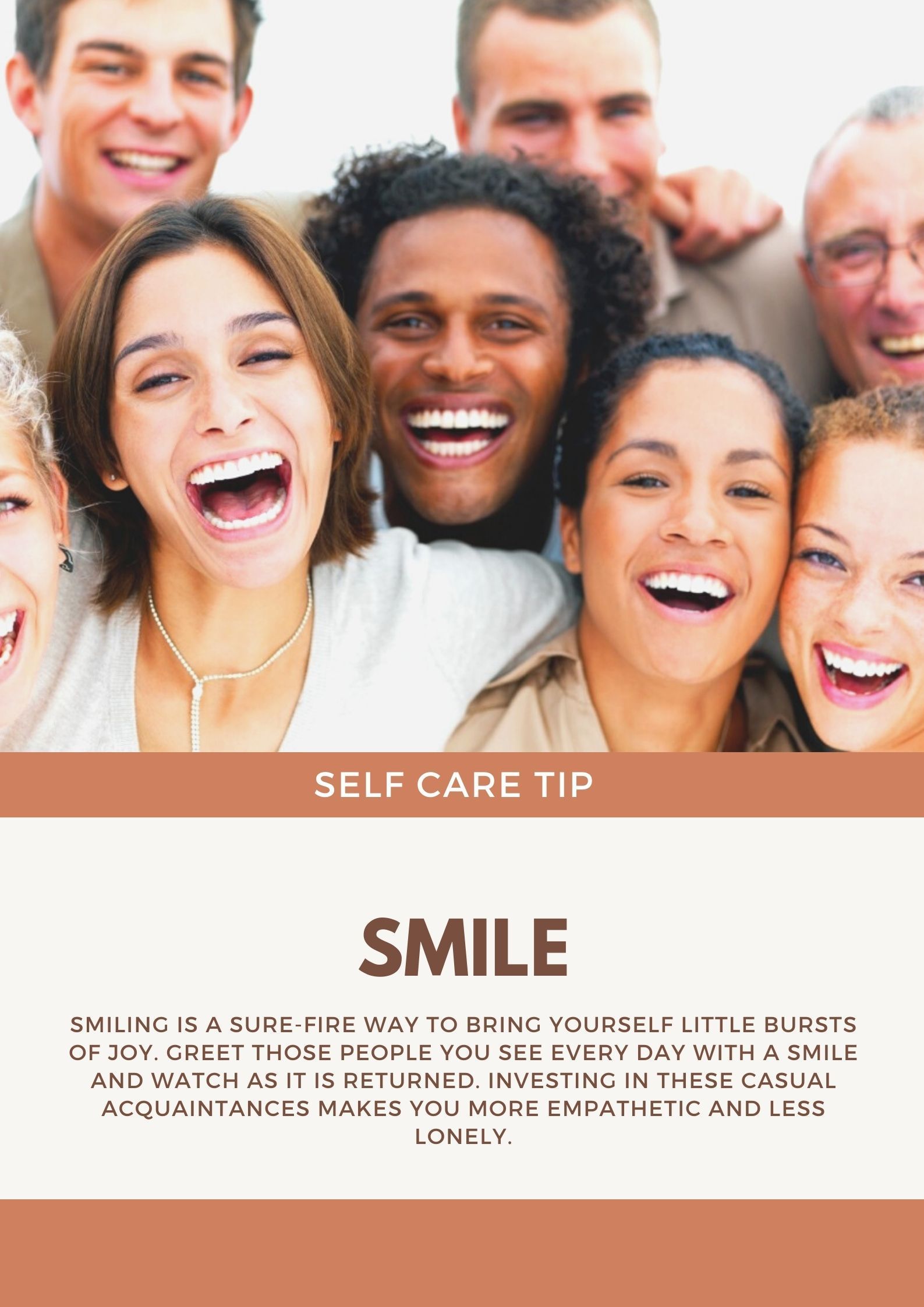 Group of diverse people laughing, smiling, with text