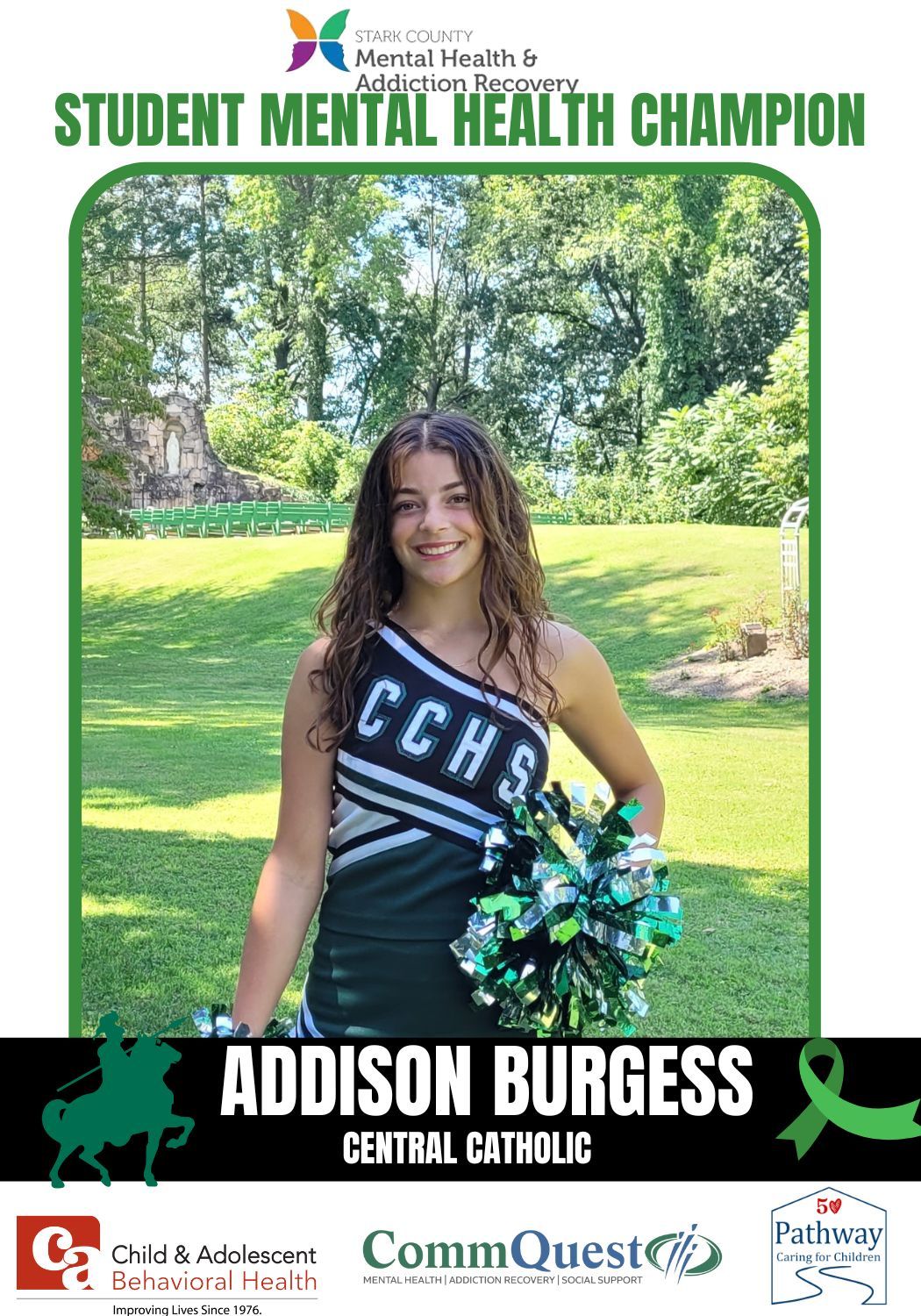 A student cheerleader, Addison Burgess, smiling in a green field. She is a Mental Health Champion.