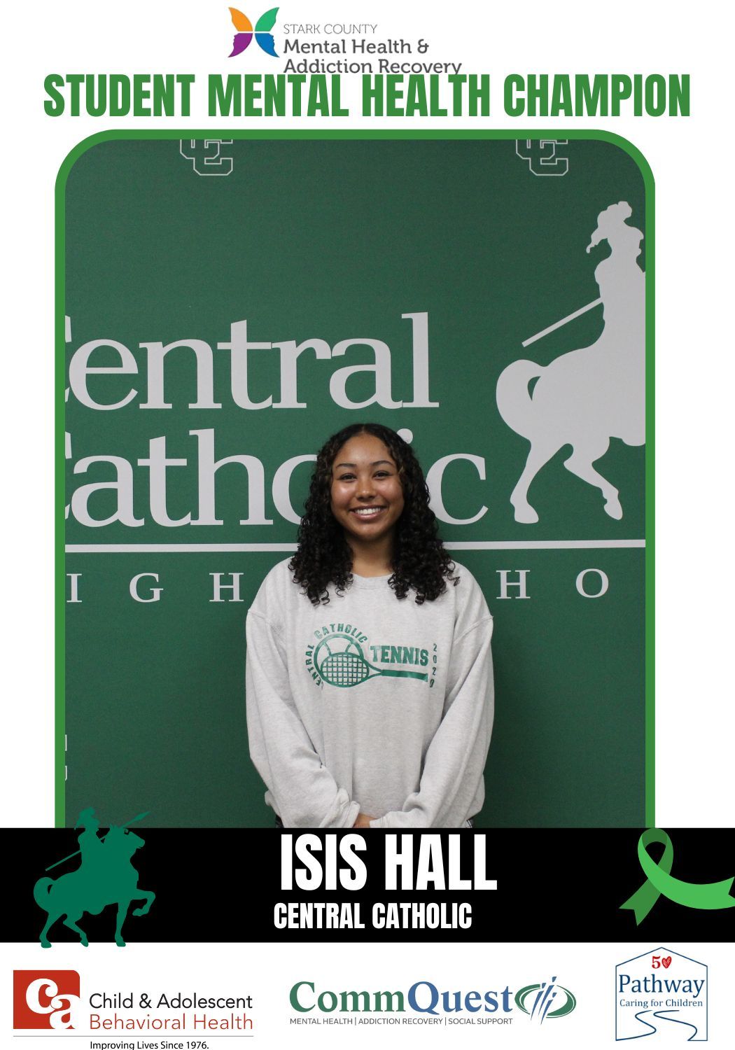 Student Mental Health Champion Isis Hall smiles in front of Central Catholic High School logo.