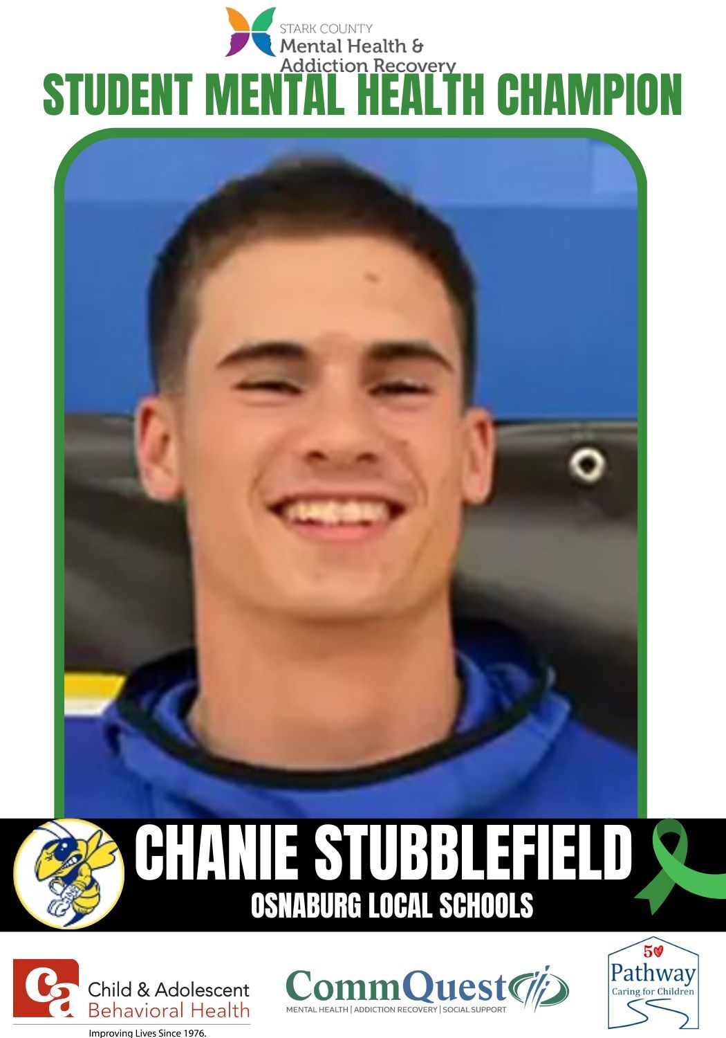 Chanle Stubblefield, student mental health champion, smiling. Green border, logo, and text with a blue and yellow background.