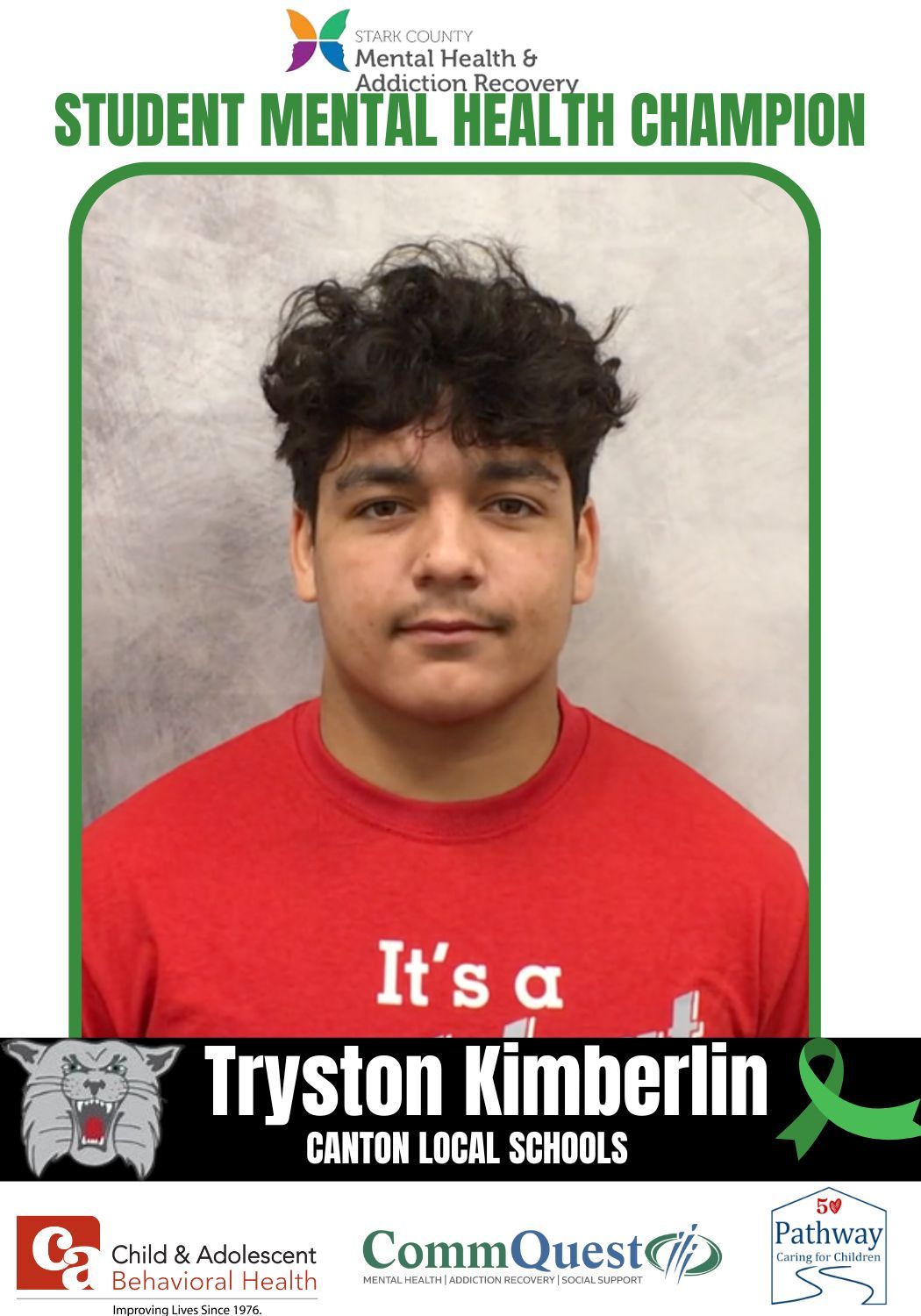 Teenager Tryston Kimberlin, Student Mental Health Champion, wearing red shirt, green background.