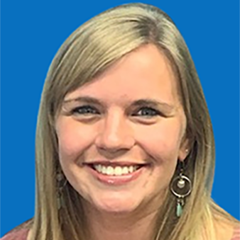 Blond woman with a wide smile, wearing hoop earrings, set against a blue background.