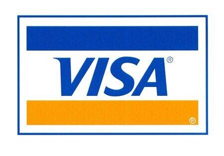 Visa logo with blue and gold stripes, and blue text.