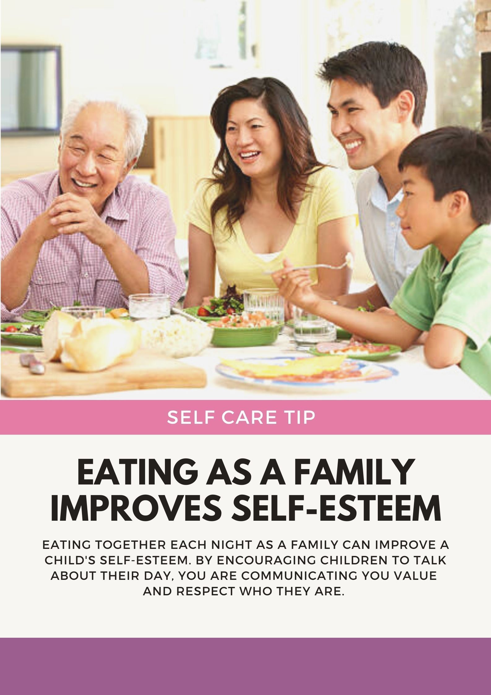 Family smiling around a table. Text: Eating as a family improves self-esteem.