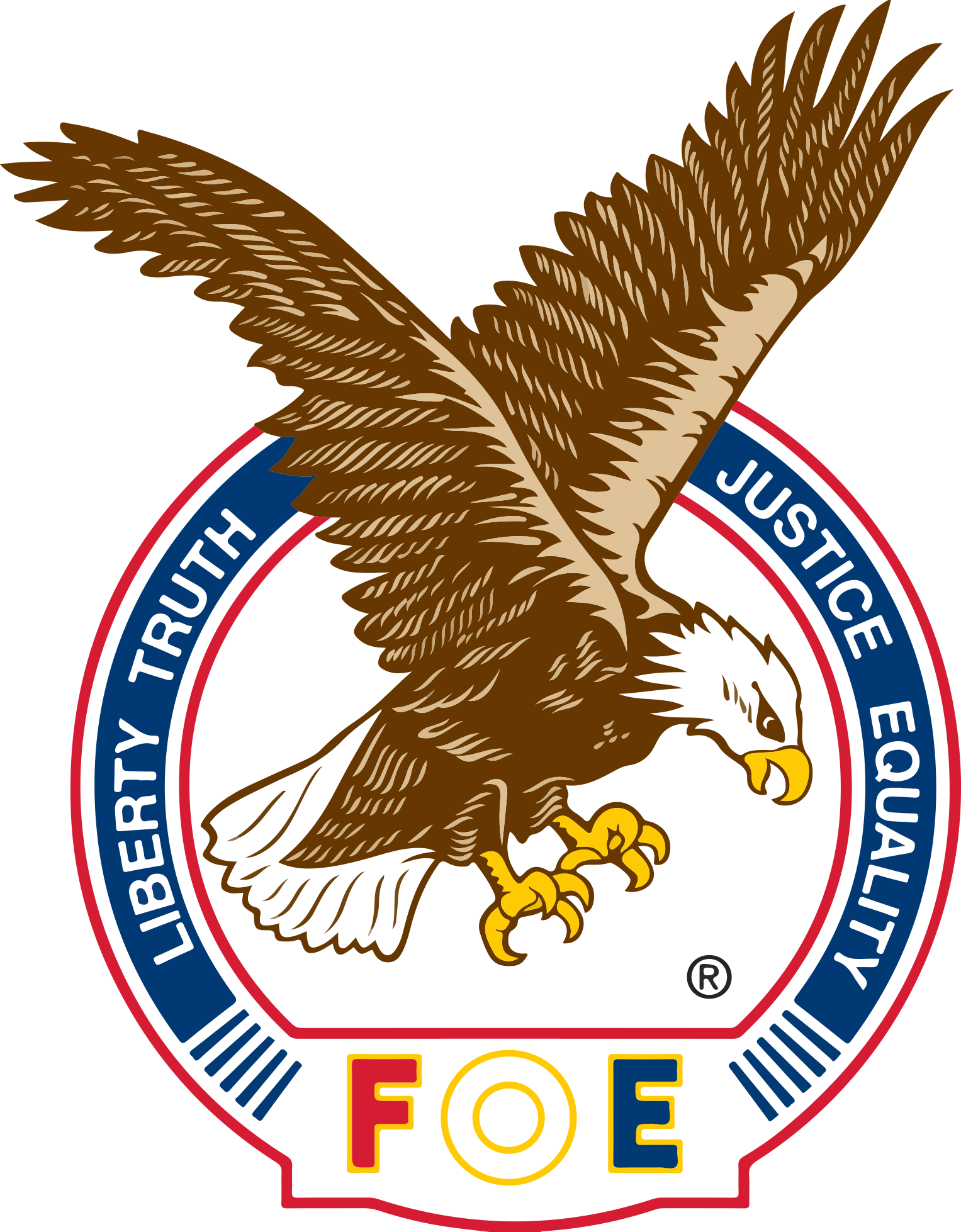 Bald eagle with outstretched wings inside a circle. Text: