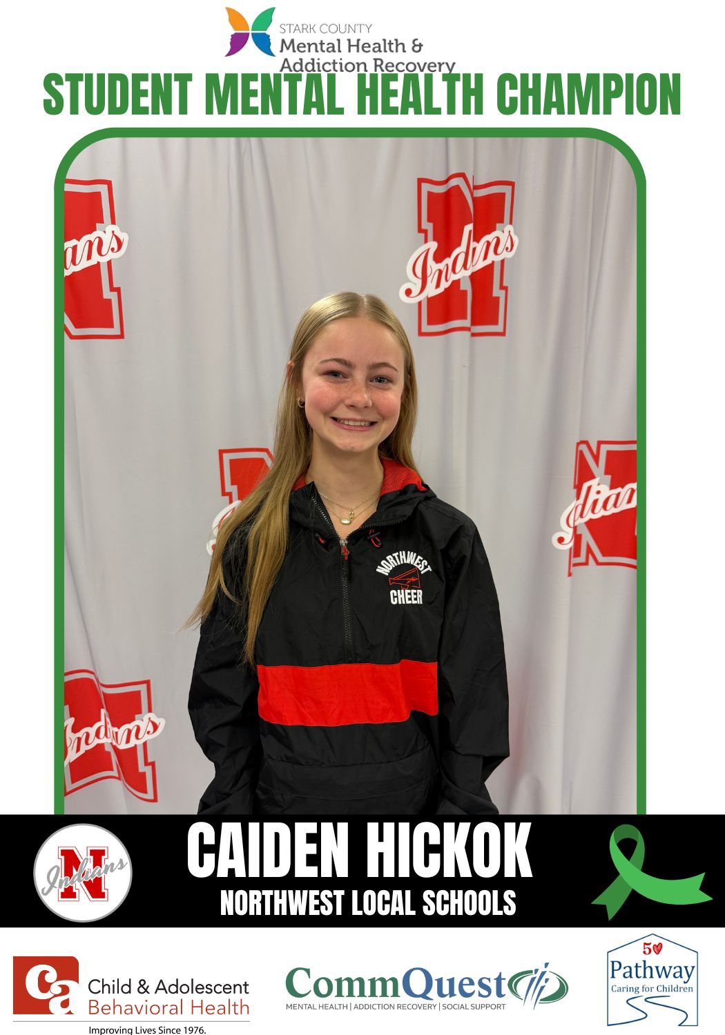 Young girl, Caiden Hickok, named Student Mental Health Champion, stands in front of a backdrop with a school logo.