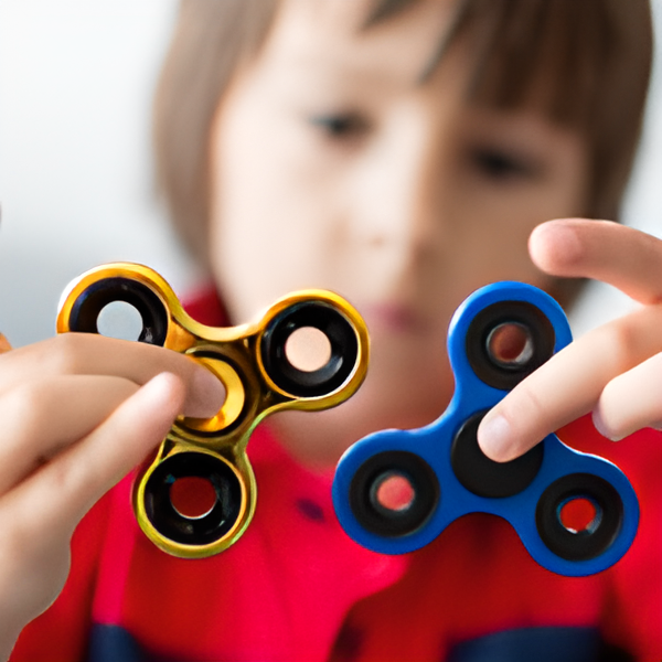Boy holding a gold and a blue fidget spinner.