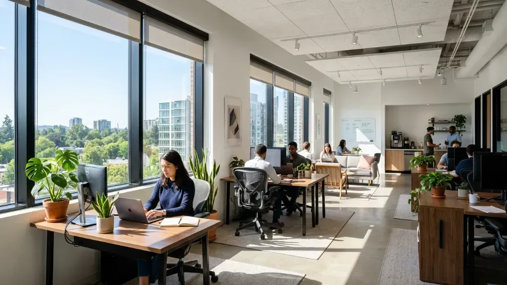 A bright, modern office interior with freshly painted walls and natural sunlight coming through large windows