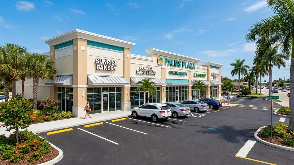 A freshly painted commercial building exterior in sunny Florida, showing a clean parking lot and bright facade