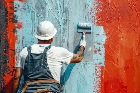 house painters dunedin - A painter in a white hard hat applies blue paint to a textured wall, contrasting with orange sections, showcasing a vibrant color transition.