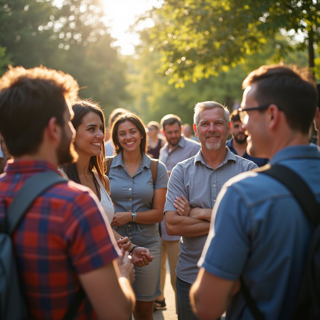 People gathered outside, smiling.  Sunlight illuminates the group; some wearing backpacks.  Trees in background.