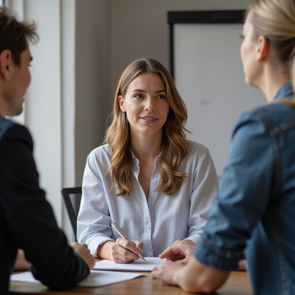 Woman in light blue shirt at table with two others, writing. Interior, bright light.