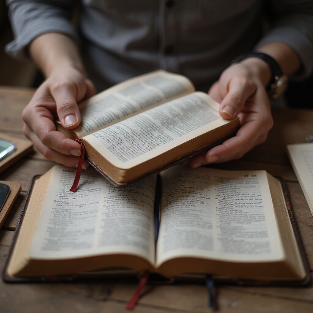 Person holding open book over another open book, both with bookmarks.