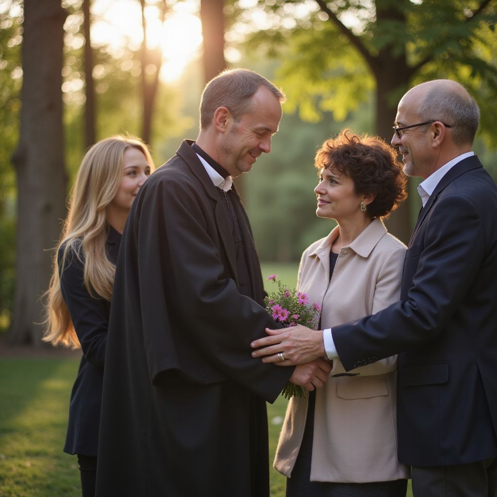 People greet a person wearing a clerical robe outdoors, holding flowers. Sunlight and trees are in the background.