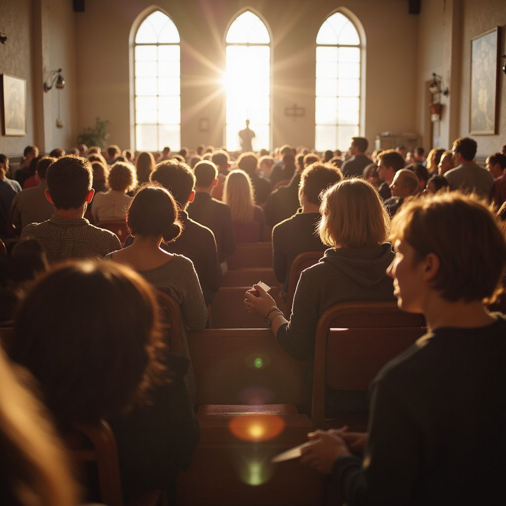 People seated in pews face toward a bright light streaming through arched windows.