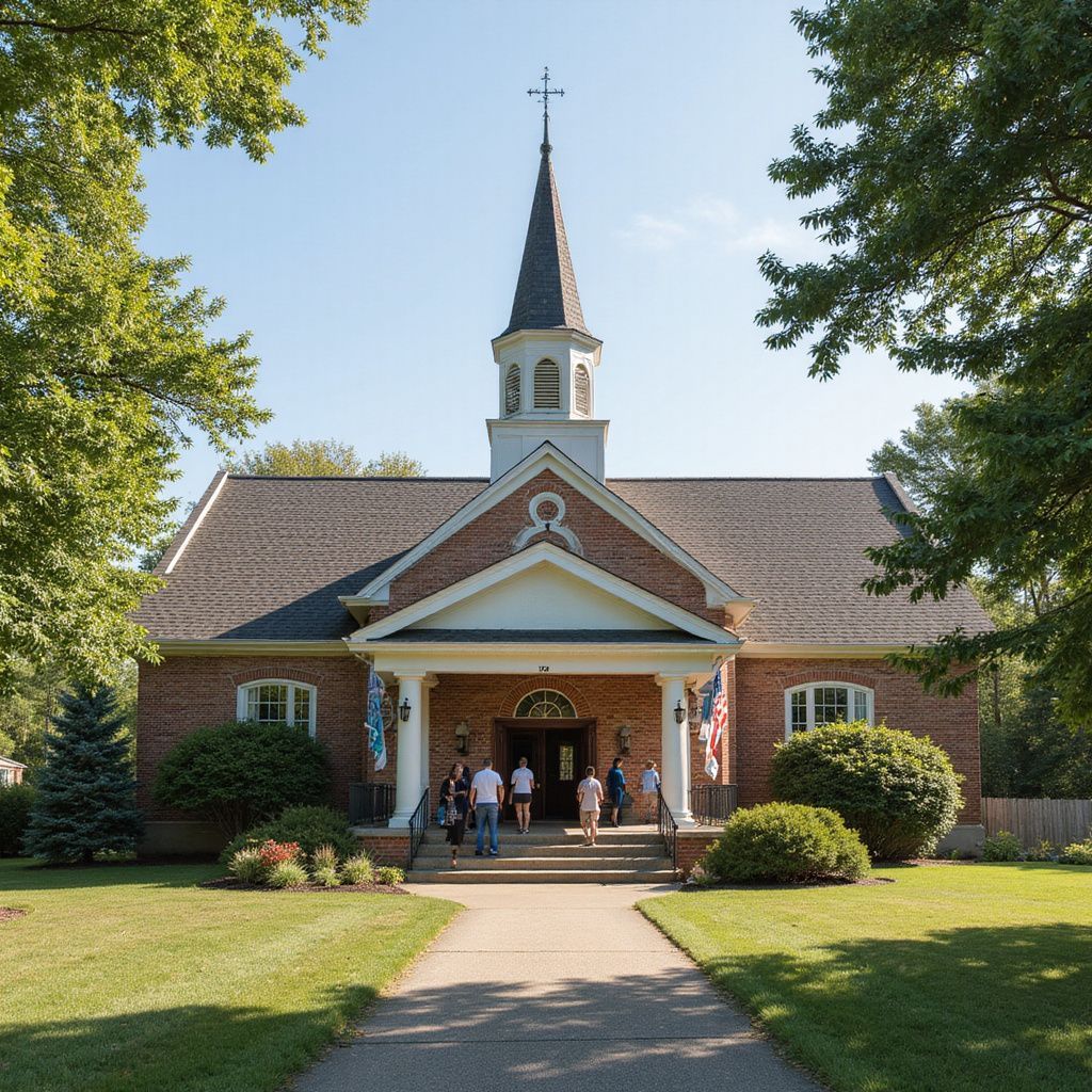 Brick church with steeple, people on steps, green lawn, trees.