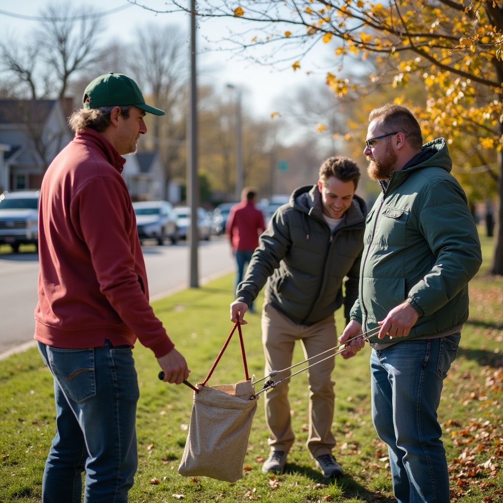 Three people pick up litter on a sunny street, one holding a bag, the others using grabbers.