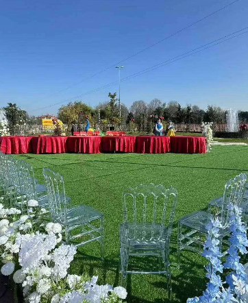 Una fila di sedie trasparenti disposte in cima a un lussureggiante campo verde.