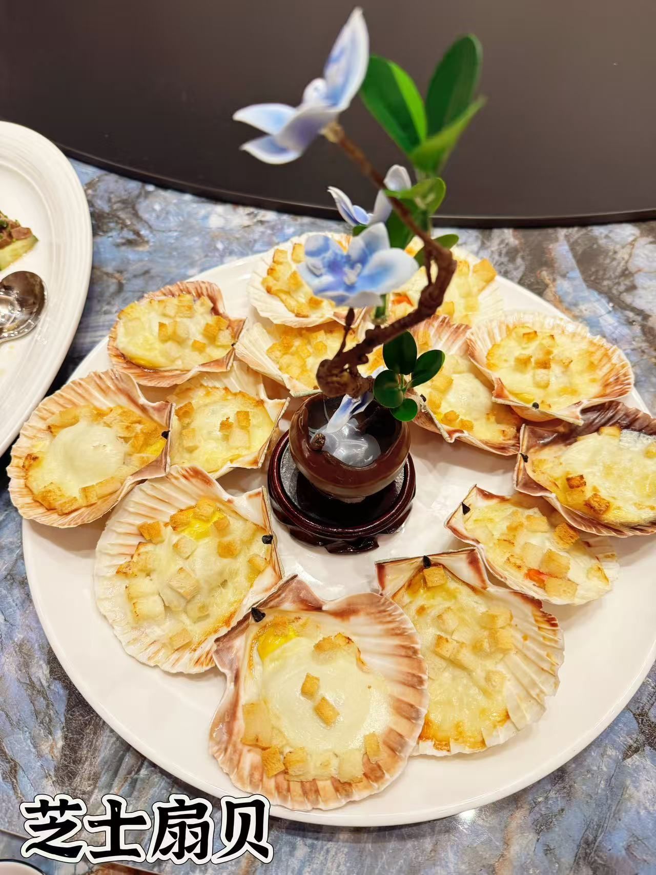 Un piatto bianco sormontato da capesante ricoperte di formaggio.