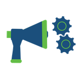 icon of a bullhorn with gears turning which indicates project management