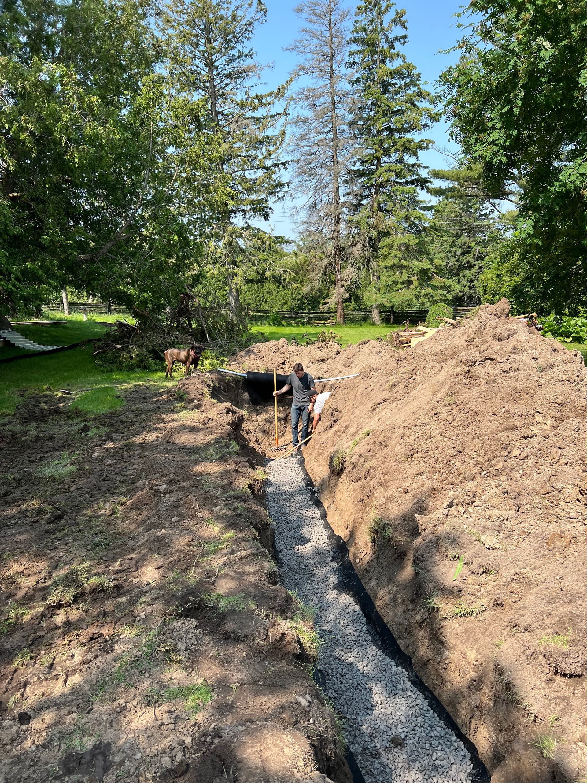 A man is digging a trench in the dirt in a yard.