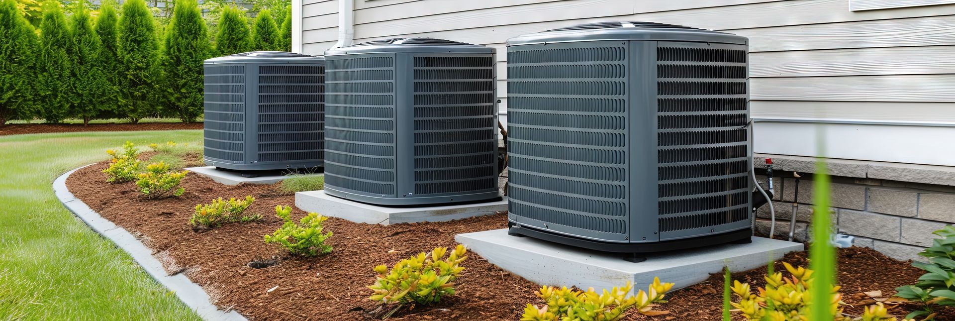 Three dark gray HVAC condenser units sit on concrete pads in a mulched garden bed next to a house exterior.