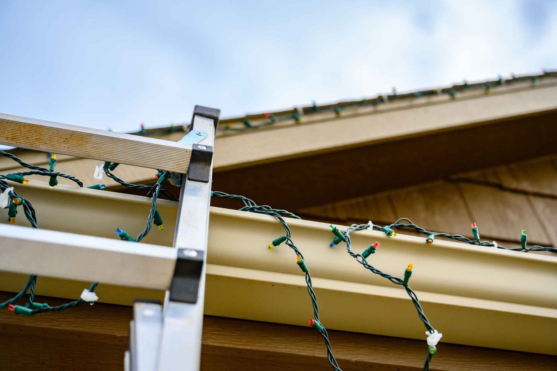 A ladder is attached to a gutter with christmas lights on it.