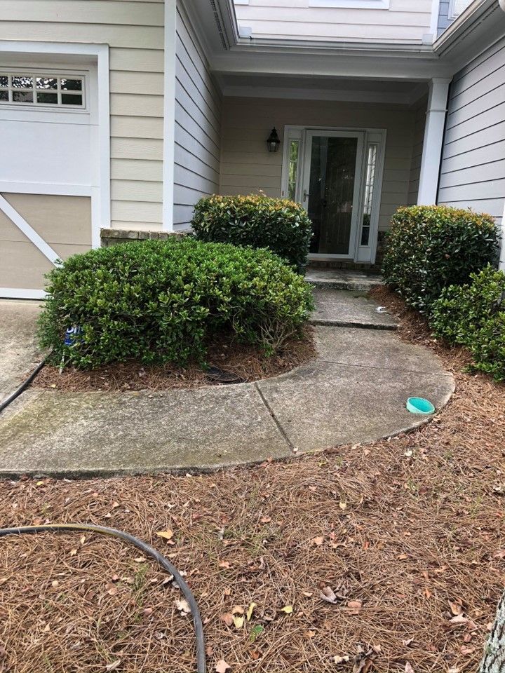A concrete walkway leading to the front door of a house.