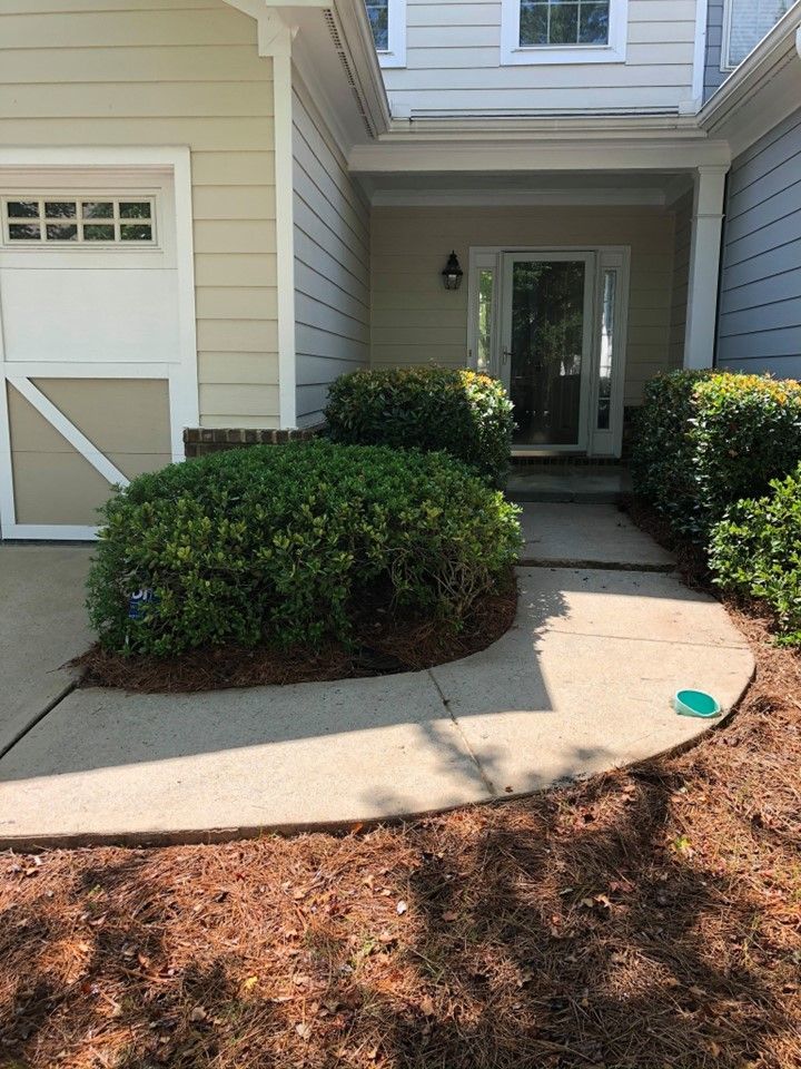 A concrete walkway leading to the front door of a house.