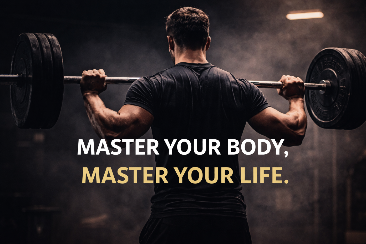 Man lifting barbell; text reads: