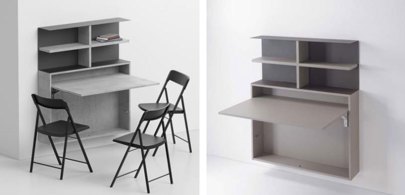 tavolo pieghevole grigia a parete con ripiani superiori integrati, mostrata con tre sedie pieghevoli nere Montella Domus Arredo