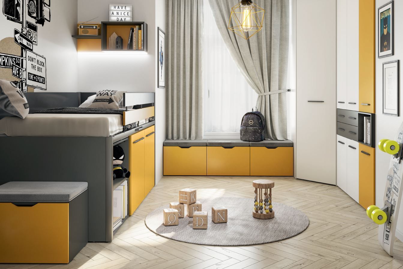 Una cameretta salvaspazio per bambini con mobili grigi e gialli, una panca integrata sotto la finestra, un letto e blocchi di legno su un tappeto rotondo.