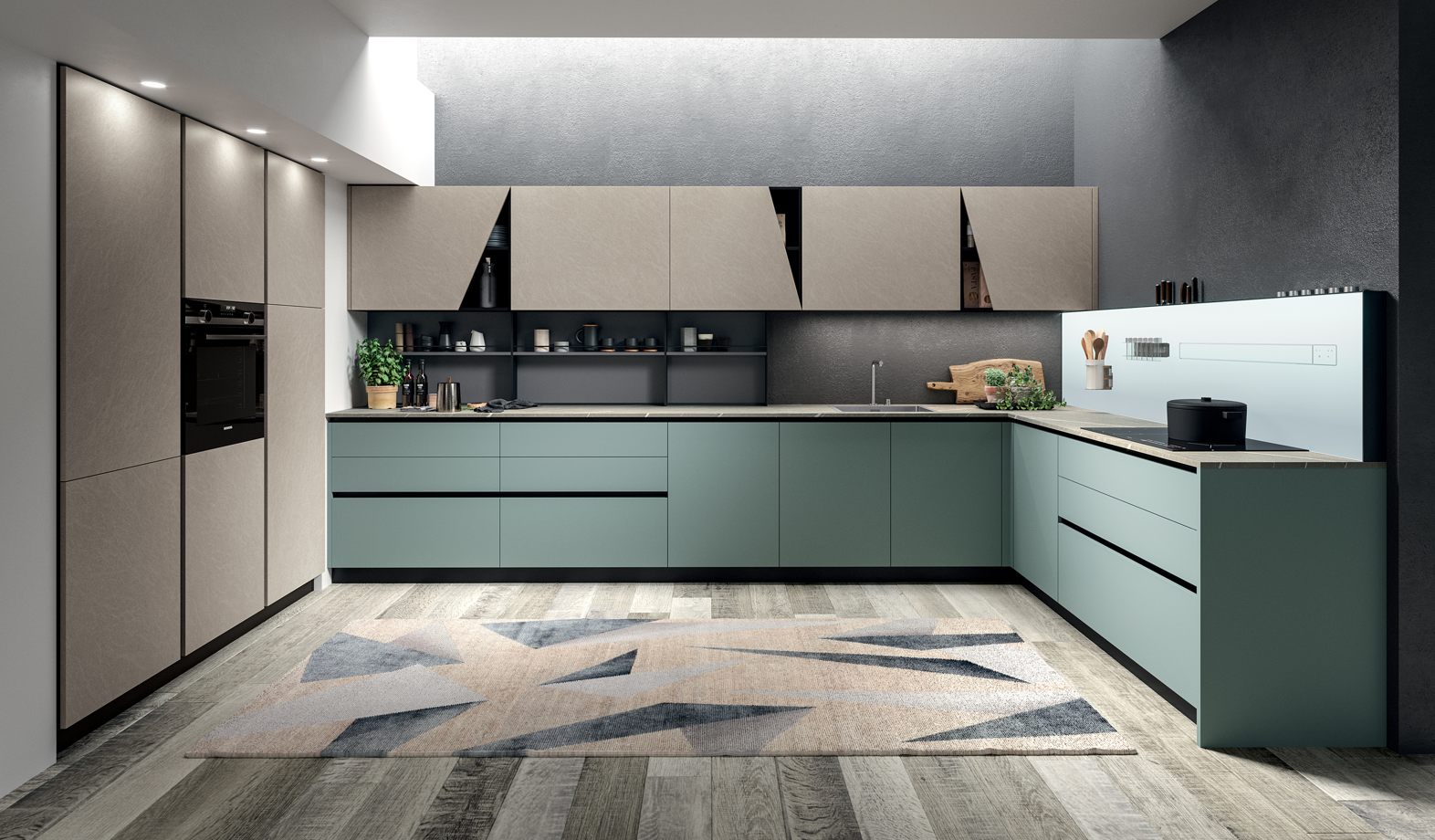 Cucina moderna Aran con mobili verde salvia, pavimento in legno chiaro e tappeto geometrico.