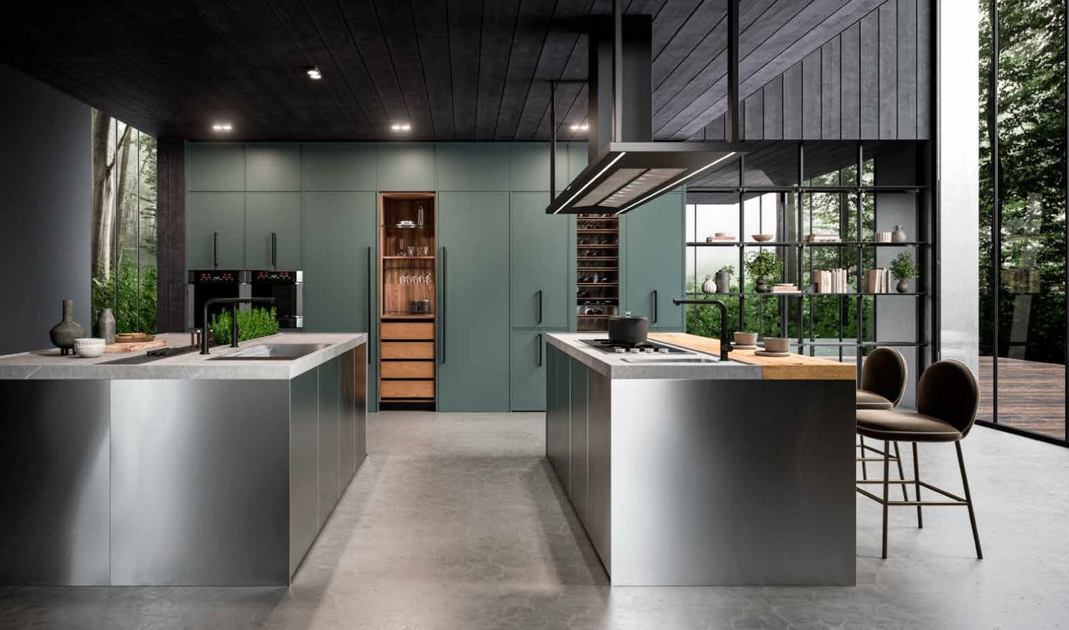 Cucina moderna Aran con isole in acciaio inossidabile, mobili color verde acqua e vista sulla foresta attraverso le ampie finestre.