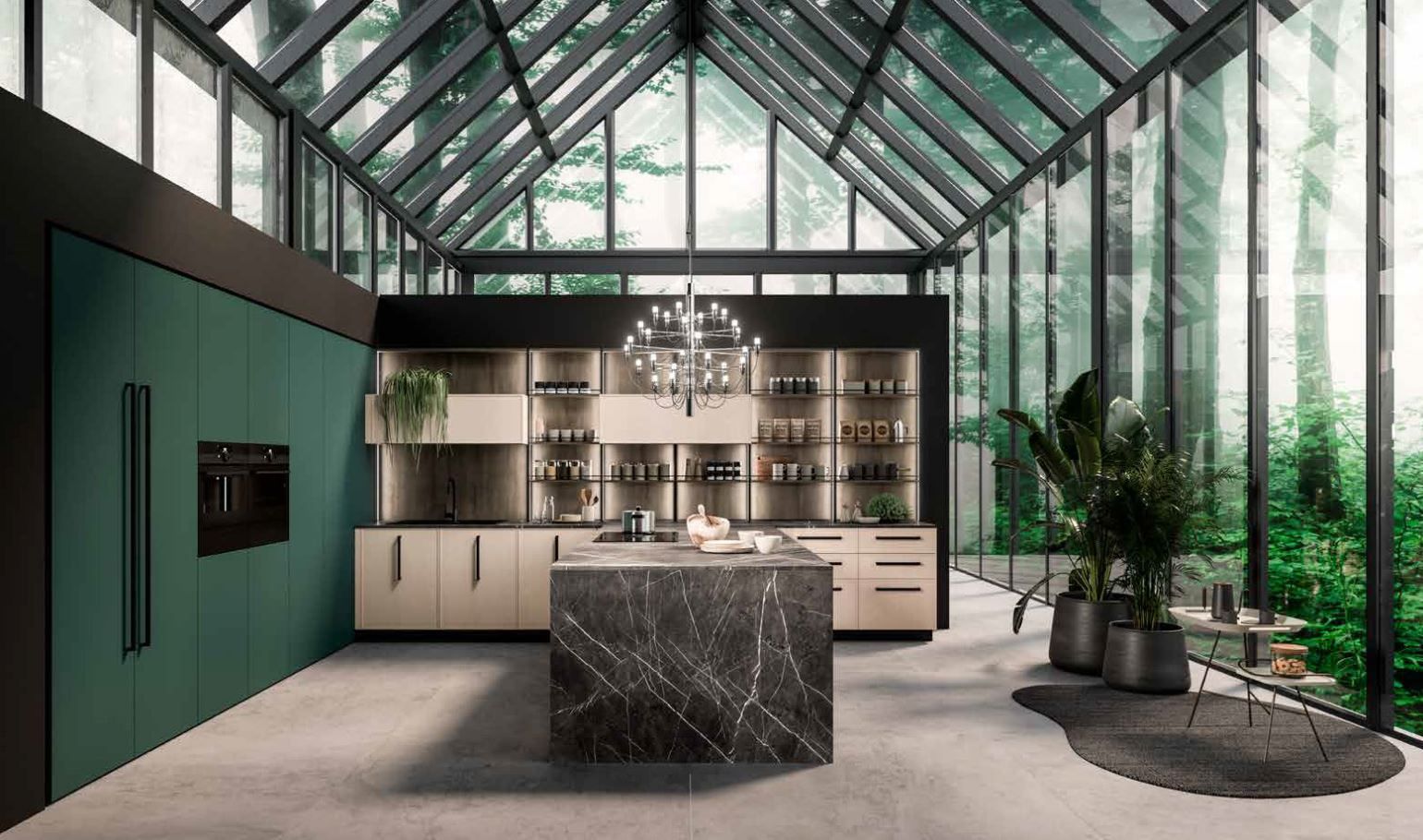 Cucina moderna Aran con mobili verdi, isola in marmo, soffitto in vetro e vista sull'esterno.