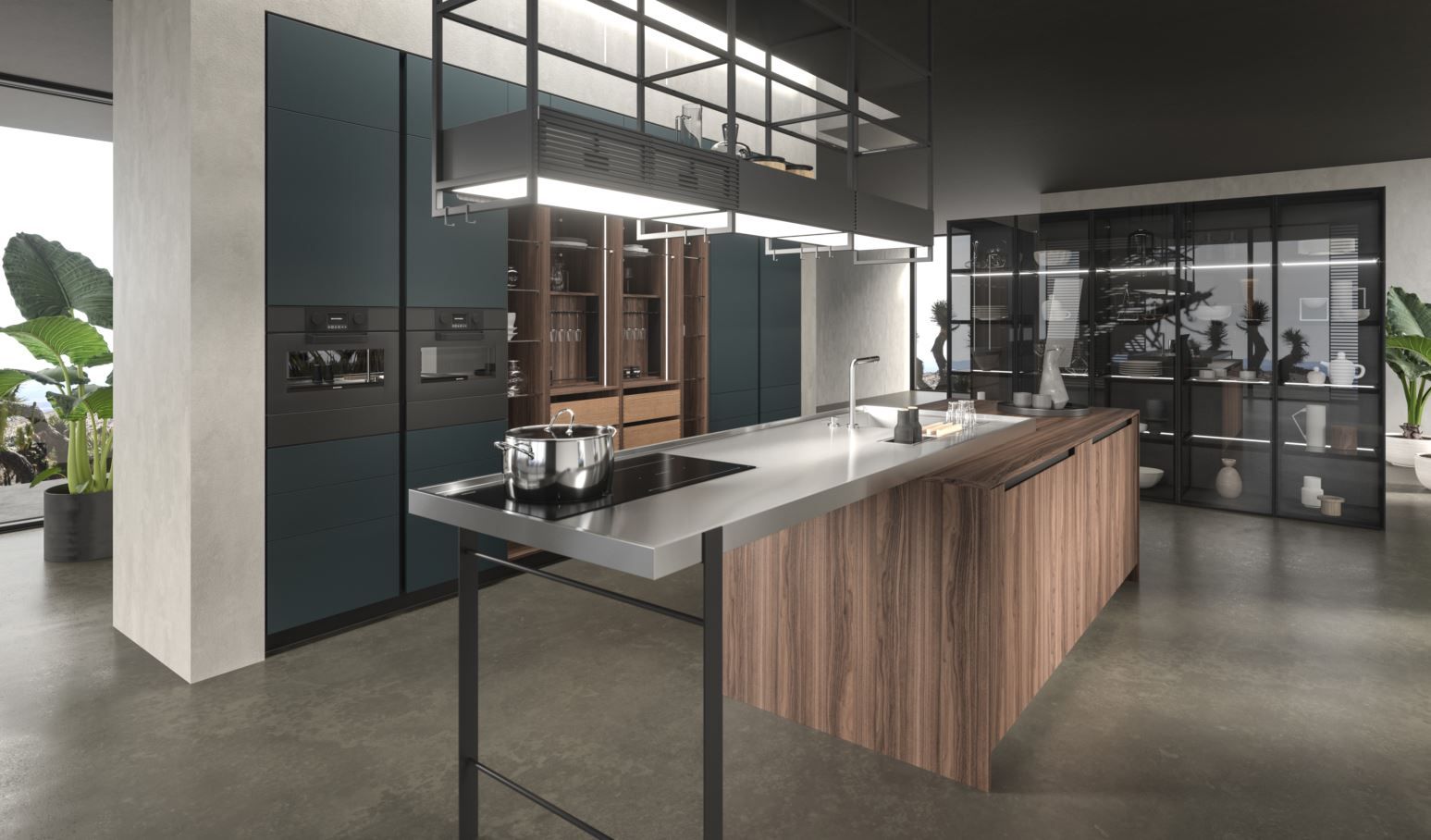 Cucina moderna Aran con mobili color verde acqua, isola in legno e vetrine in vetro.