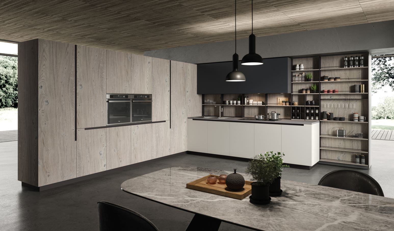 Cucina moderna con mobili in legno chiaro, dettagli scuri e tavolo da pranzo in marmo.