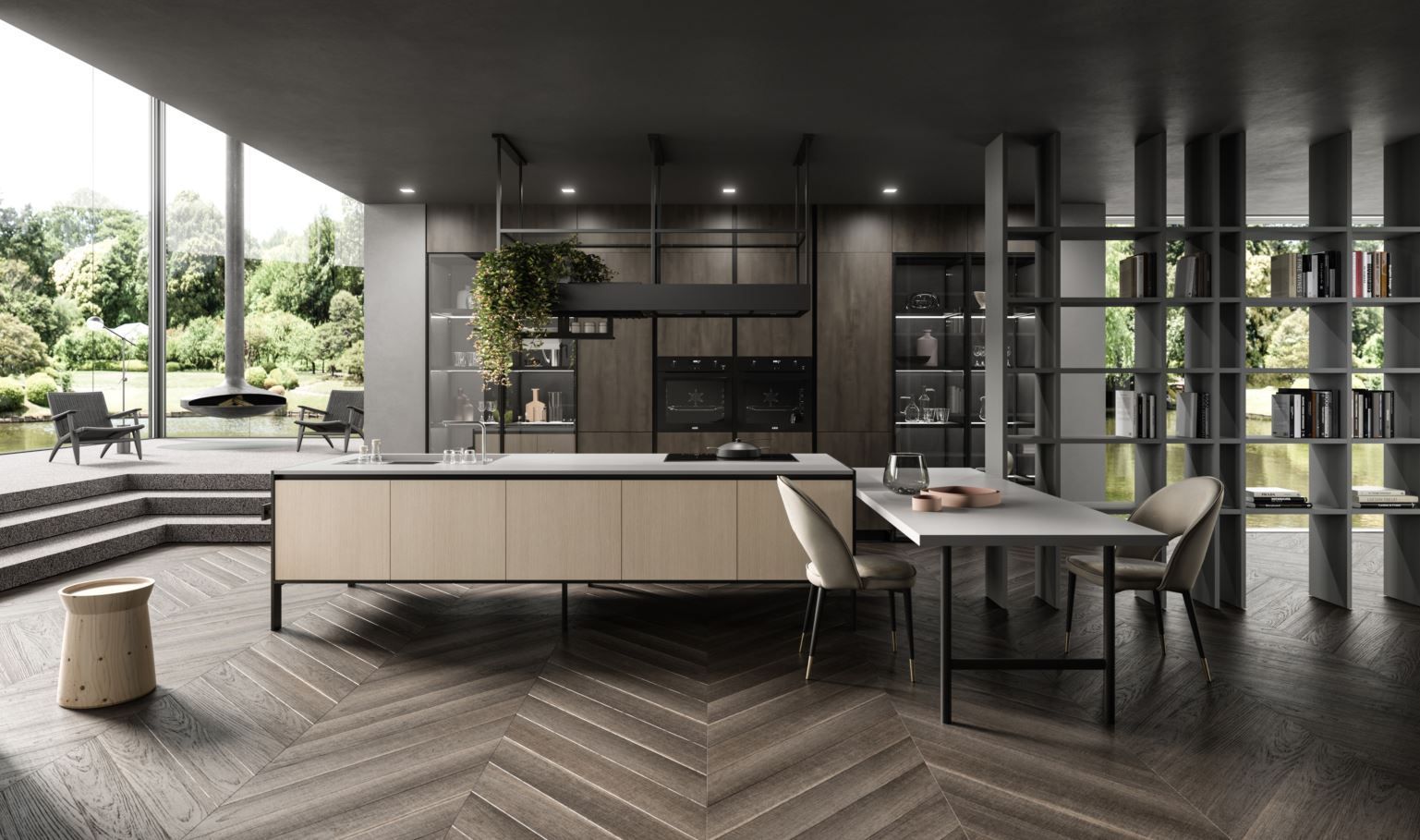 Cucina moderna con isola, zona pranzo e vista sull'esterno, caratterizzata da tonalità del legno e colori neutri.