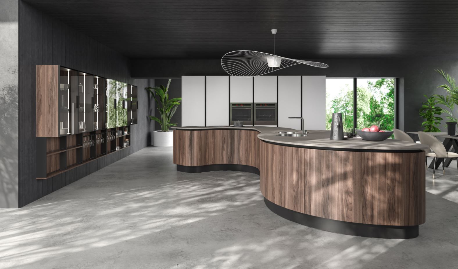 Cucina moderna Aran con isola curva in legno, mobili bianchi e pareti grigio scuro.