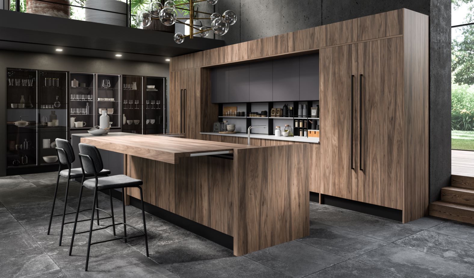 Cucina moderna Aran con mobili in legno, isola e sgabelli da bar. Include una dispensa e vista sull'esterno.