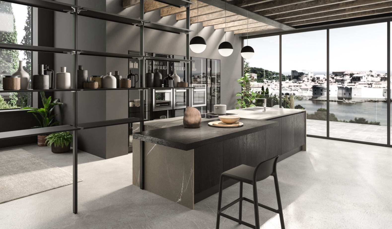 Cucina moderna Aran con mobili scuri, isola, mensole e grandi finestre con vista sulla città.