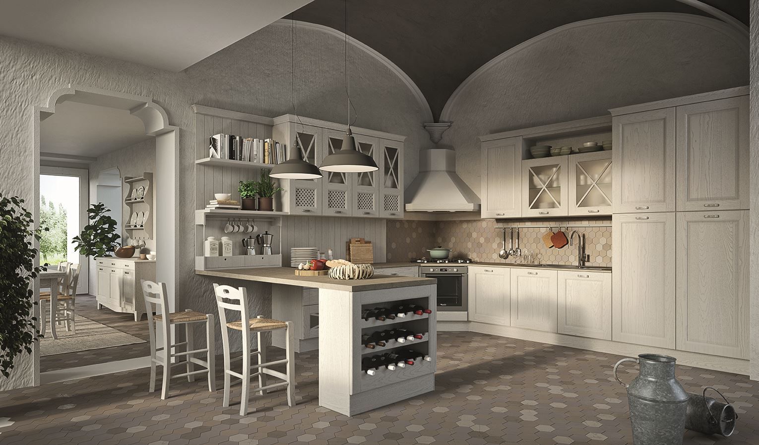 Cucina rustica bianca con mobili in legno, isola con portabottiglie e soffitto a volta.