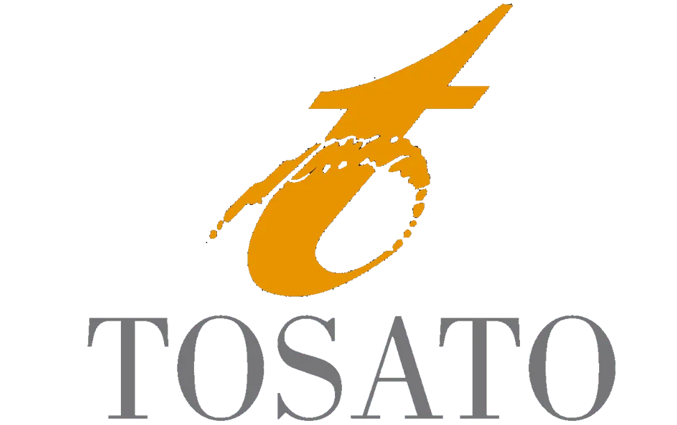 Logo arancione TOSATO con lettera "t" stilizzata sopra il testo grigio.