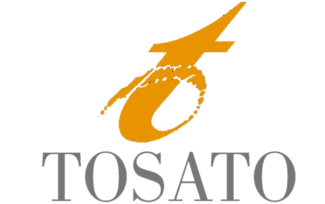 Logo arancione TOSATO con lettera "t" stilizzata sopra il testo grigio.
