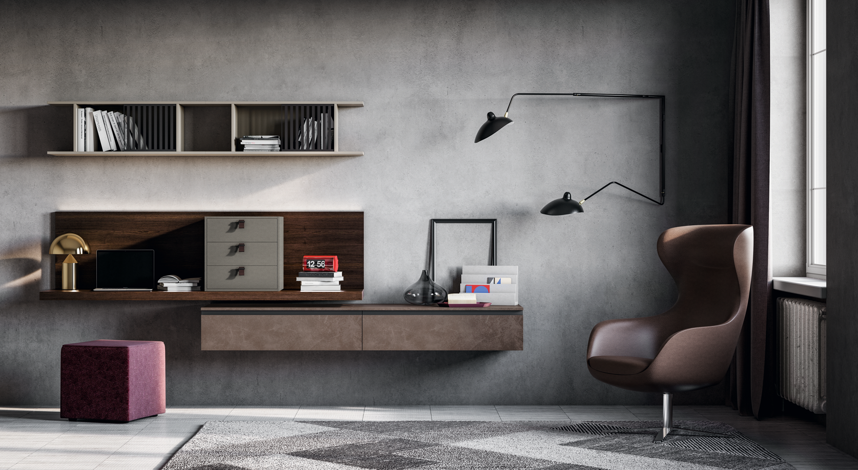 Soggiorno moderno con mensole sospese, sedia e illuminazione d'accento.