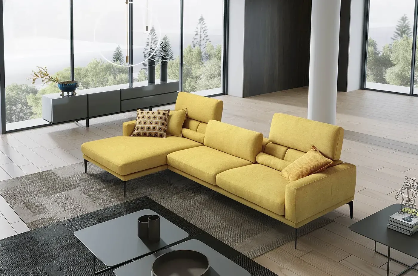 Outlet sofà in velluto grigio in un soggiorno moderno con ampie finestre, libreria e lampada da terra.