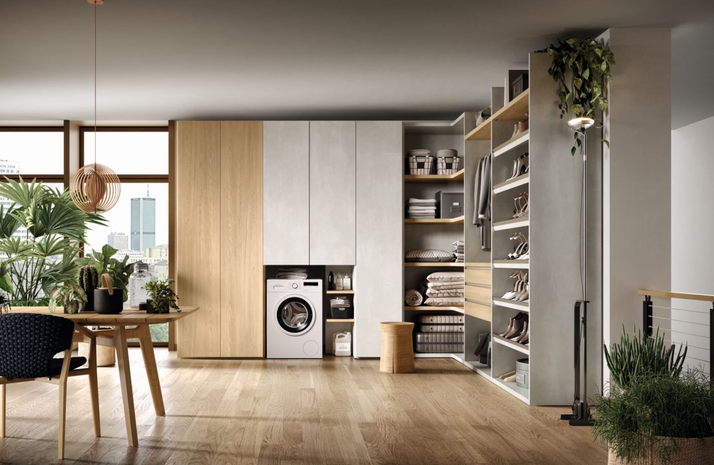 Una luminosa lavanderia con lavatrice, scaffali a vista e dettagli in legno naturale. Sono inclusi anche piante e un tavolo.