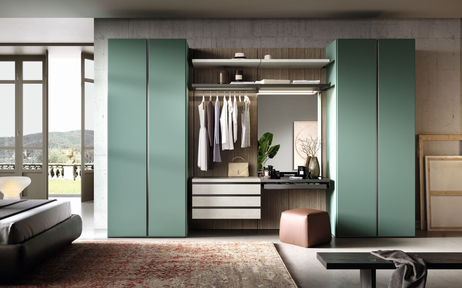 mobili su misura smart armadio della camera da letto con mobili color verde acqua, mobiletto per il trucco e tappeto.