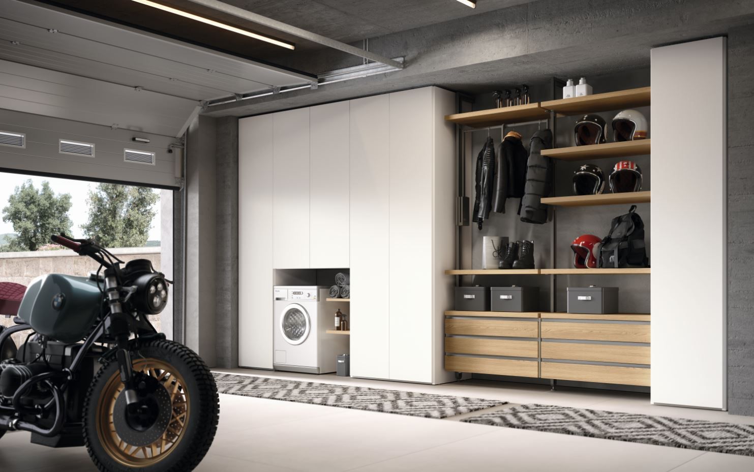 Moto parcheggiata in garage con spazio di archiviazione incorporato, lavatrice e porta aperta con vista.